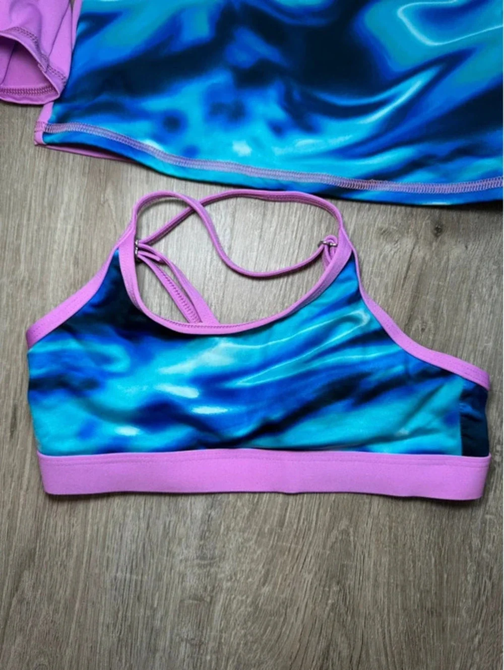 Lands' End Girl’s Three-Piece Rash Guard Swim Set - Blue and Pink, Size 7